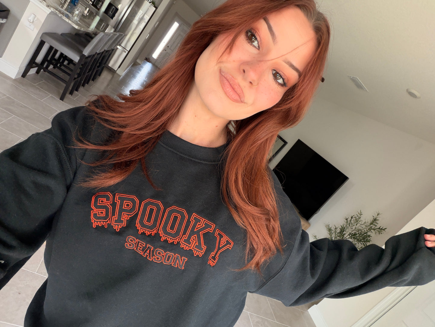 Spooky Season Embroidered Crewneck — Varsity Halloween Sweatshirt