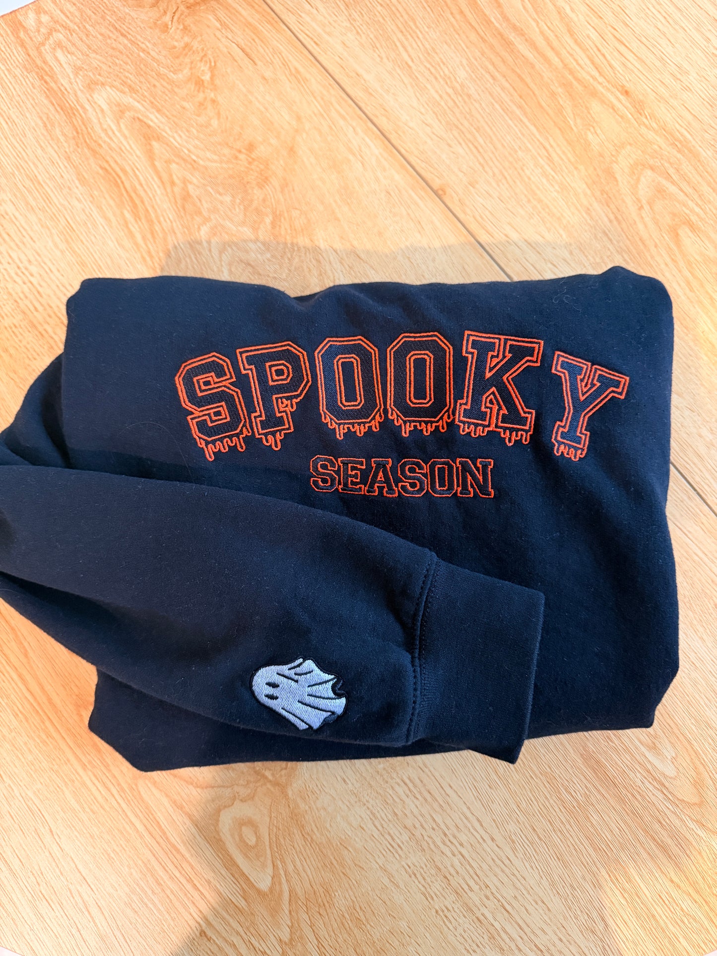 Spooky Season Embroidered Crewneck — Varsity Halloween Sweatshirt
